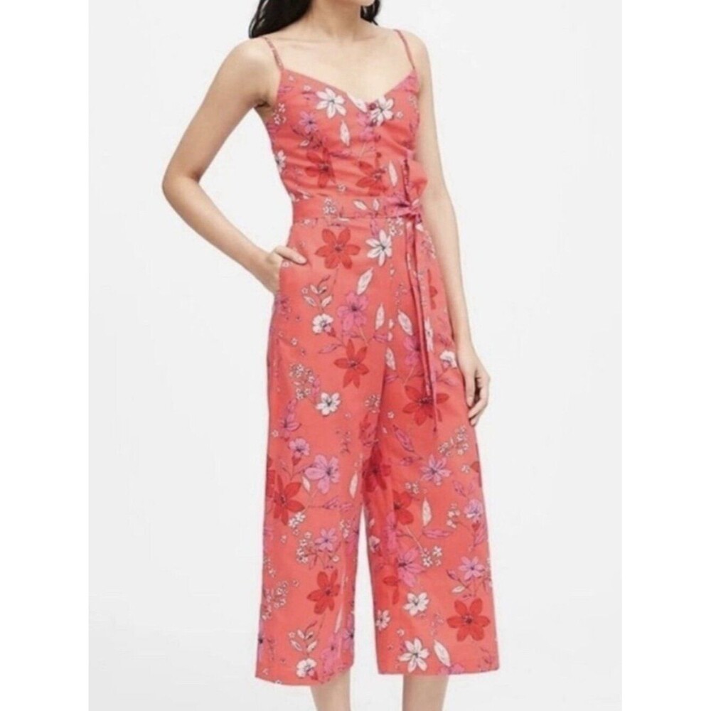 Banana Republic Floral Linen Blend Jumpsuit  Spaghetti Strap Wide Leg Size 12